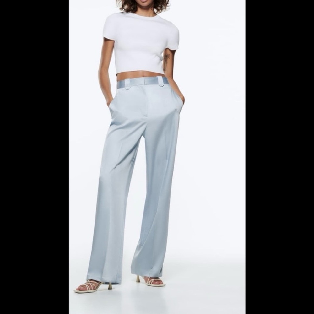 Zara Wide-Leg High-Waist Satin Pants in Pale/Light Blue
